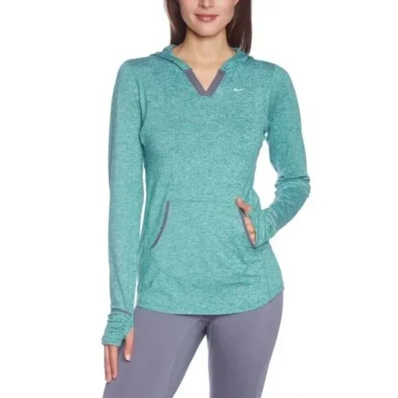 Nike Large Running Hoodie Teal Thumb Loop Finger Covers Pullover L - Picture 2 of 13